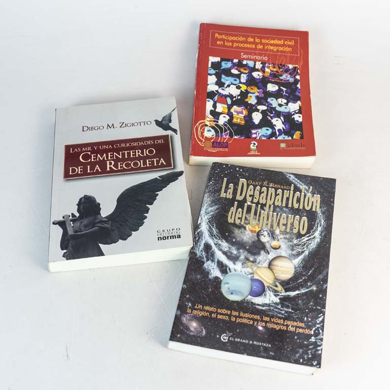 3 libros: La desaparici{on del universo por Gary Renard, Las mil y una curiosidades del cementeriode la recoleta por Diego Zigiotto, Participación de la sociedad civil en los procesos de integración.