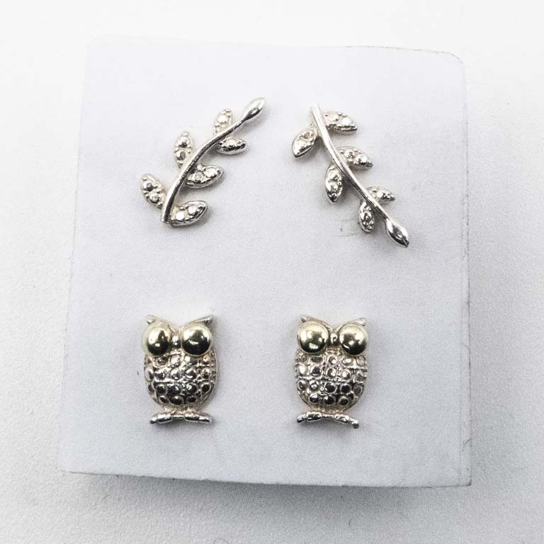 Dos Pares de Aritos de Plata: Búhos y Hojas