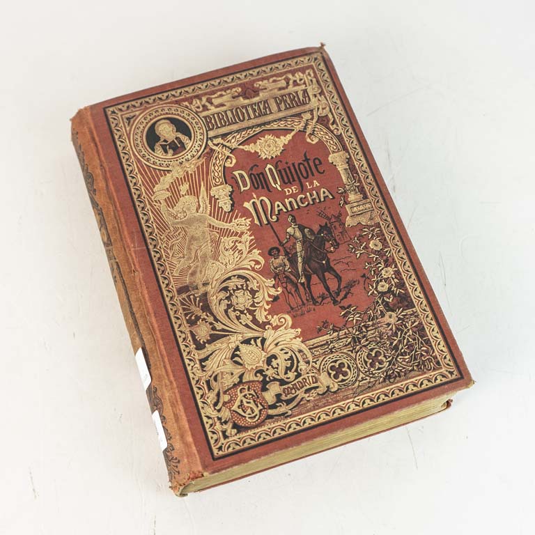 El ingenioso Hidalgo Don Quijote de La Mancha compuesto por Don Miguel de Cervantes Saavedra, edición ilustrada con 318 dibujos de M. Ángel, grabados por Carretero, Sampietro y Santamaría, Madrid 1876, Colección Biblioteca Perla, con tapas